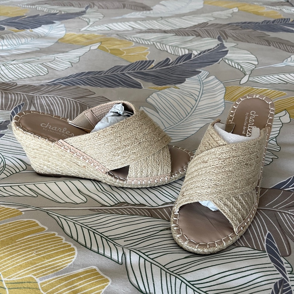 Charles by Charles David wedge espadrille in natural jute color.